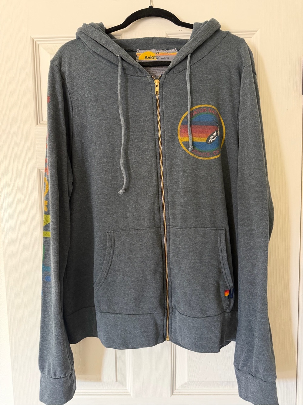 Aviator Nation Unisex Heather Gray Zip Hoodie with Rainbow Chest Emblem